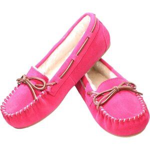 Women's Pink Leather Faux Fur Pile lined lace Up Cozy Bow Warm Slippers Boot